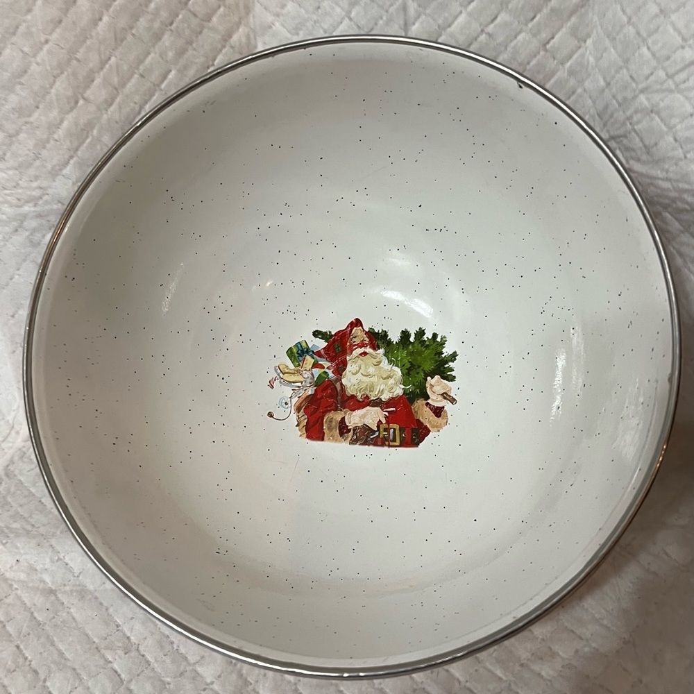 Vintage Hallmark Mitford Enamelware Santa Christmas Bowl, 9” Plaid Trim retired